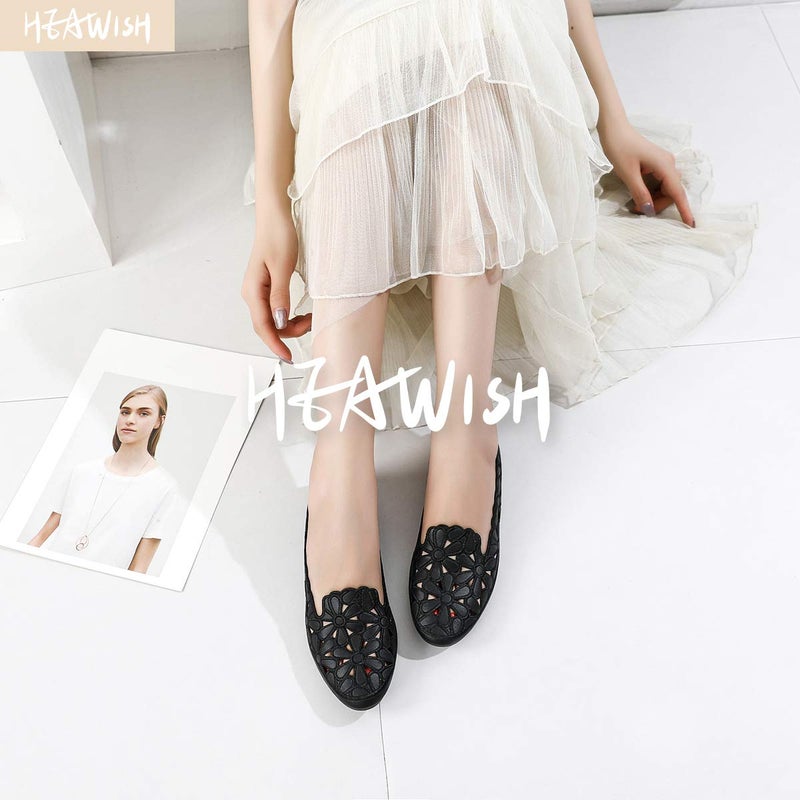 HEAWISH Women's Floral Ballet Flats for Women Black Beige Slip On Flowers PU Leather Round Toe Dress Shoes(Black,US6) - Image 2